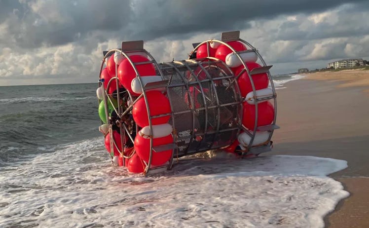 Resembling a blown-up hamster wheel, Baluchi hopes his “bubble” will help him traverse the open ocea...