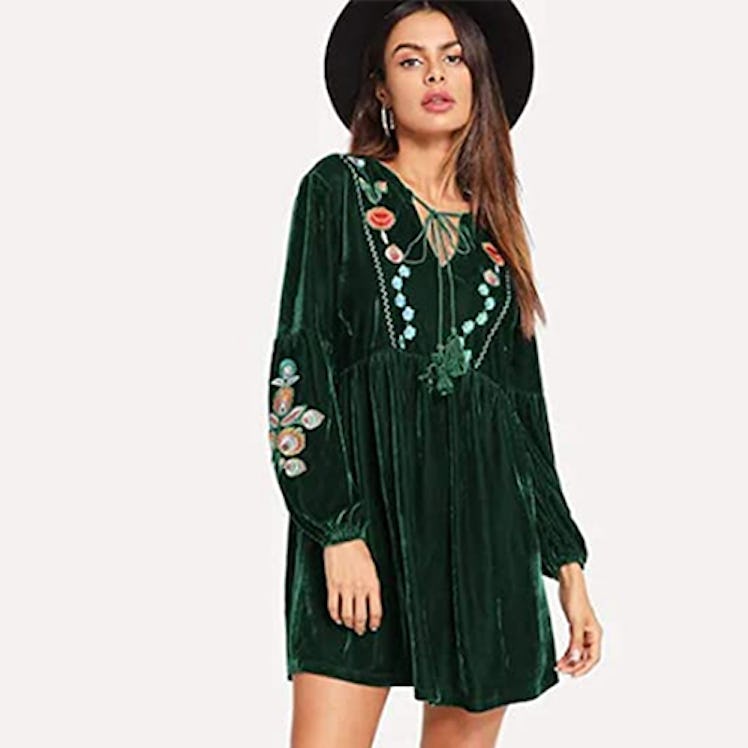 Aofur Embroidered Velvet Shift Dress