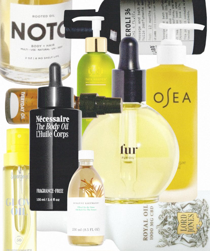 A collage with several bottles that contain the best body oils for every skin concern