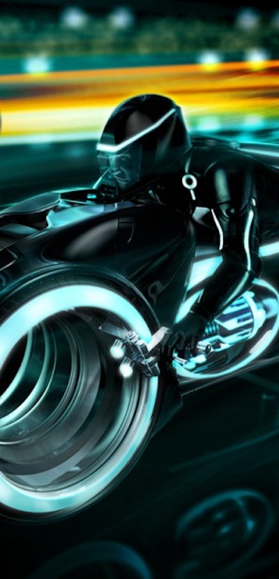 A light cycle racing with glowing motorcycles from the movie Tron