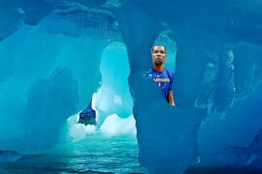 Kevin Durant peeking from behind a glacier.