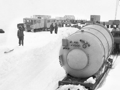 Part of a portable nuclear power plant arrives at Camp Century in 1960.