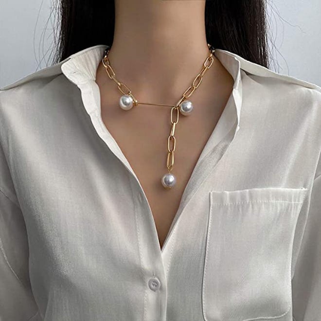 Xerling Chunky Chain Pearl Pendant Necklace