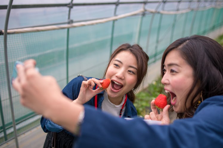 2 sisters taking a selfie holding strawberries, in need of strawberry quotes, strawberry puns, straw...