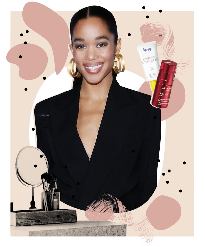 Laura Harrier next to eye cream and other make up products