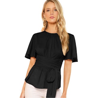 Romwe Tie Waist Chiffon Blouse