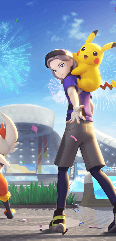 Pokémon and trainers in front of stadium from Pokémon Unite