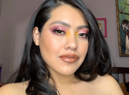 Diana, an e.l.f. Game Up Winner, wearing yellow and pink eyeshadow as well as a nude and glossy lip ...