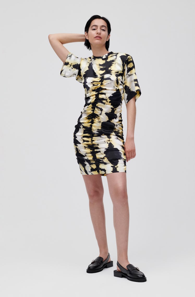 Ganni Ruched Black and Yellow Tie-Dye Dress