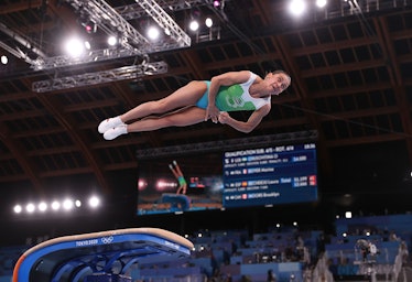 Oksana Chusovitina during her performance on a balance beam
