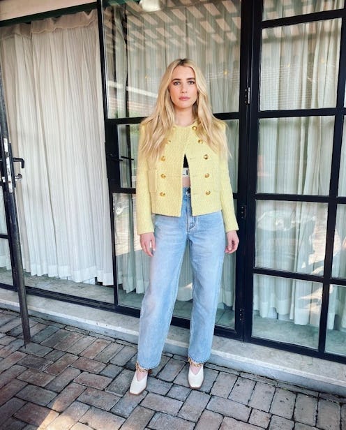 Emma Roberts wore jeans with her yellow Celine blazer for a book launch.
