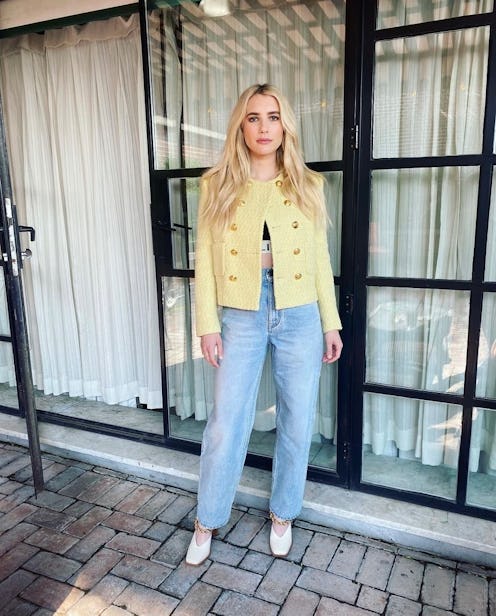 Emma Roberts wore jeans with her yellow Celine blazer for a book launch. 