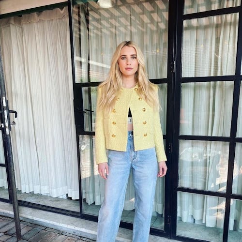 Emma Roberts wore jeans with her yellow Celine blazer for a book launch. 