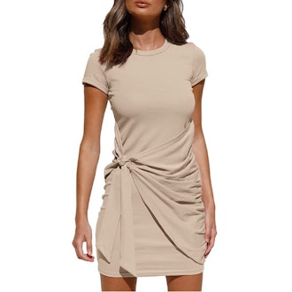 LILLUSORY Ruched Tie Waist Mini Dress