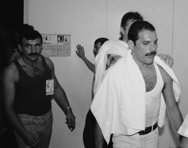 Rock star Freddie Mercury and boyfriend Jim Hutton backstage at the Live Aid concert at Wembley, 13t...