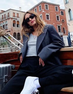 Hailey Bieber in a coat in Venice