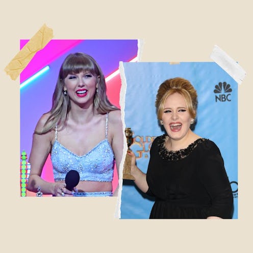 Taylor Swift at the 2021 Brit Awards 2021 and Adele at the 2013 Golden Globe Awards.