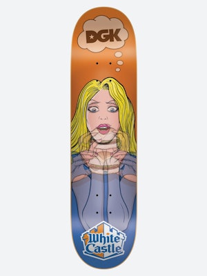 A skateboard deck that shows a comic-style woman eating a White Castle slider
