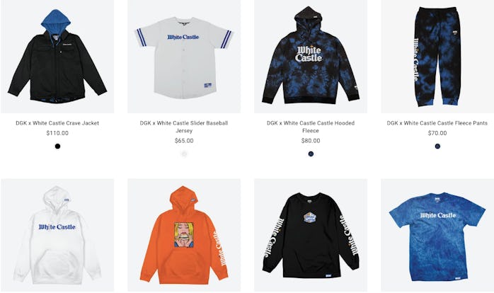 Eight items of clothing are picture bearing the DGK and White Castle logos