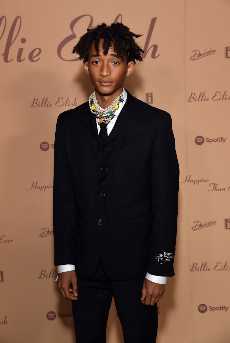 Jaden Smith posing in a formal suit at Billie Eilish’s "Happier Than Ever" party