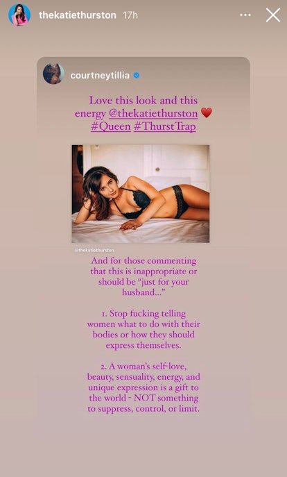 Katie Thurston shares Courtney Tillia's defense of her lingerie photo.