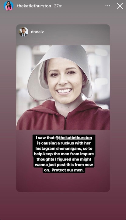 Katie Thurston shares Dave Neal's Instagram story joking about her lingerie photo criticism.