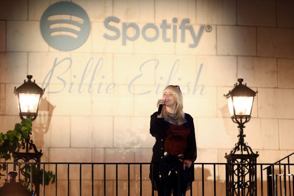 Billie Eilish speaks at her Spotify-hosted album launch party, 'Happier Than Ever: The Destination.'