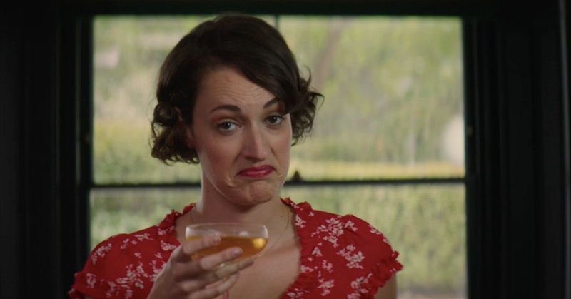 Phoebe Waller Bridge as Fleabag in the BBC series Fleabag. She is raising a cocktail to camera and s...