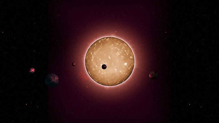 An illustration of a group of five planets orbiting a star.