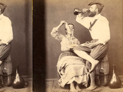 A two-part collage of an old black and white photo of a man drinking wine next to a woman who's eati...