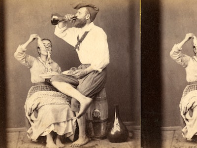 A two-part collage of an old black and white photo of a man drinking wine next to a woman who's eati...