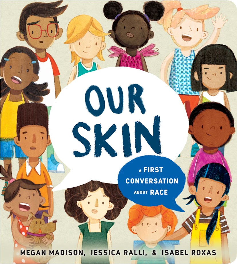 The cover of 'Our Skin,' featuring illustrations of a diverse group of children.