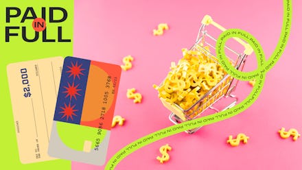 A mini shopping cart filled with spaghetti shaped as dollar signs, two credit cards and a green bann...