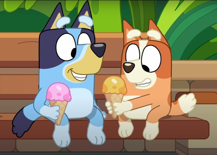 Bluey and Bingo from 'Bluey' eating ice cream cones