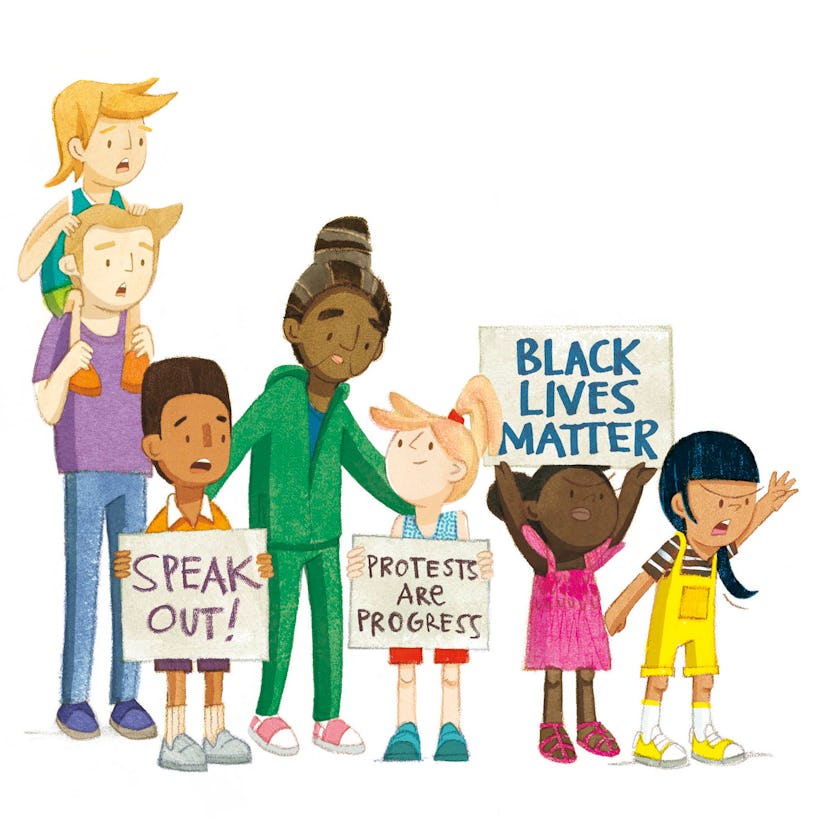 'Our Skin' Illustration by Isabel Roxas features diverse grown-ups and children holding signs that r...