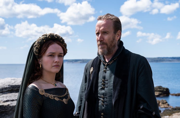 Olivia Cooke as Queen Alicent Hightower and Rhys Ifans as her father Otto Hightower, Hand of the Kin...