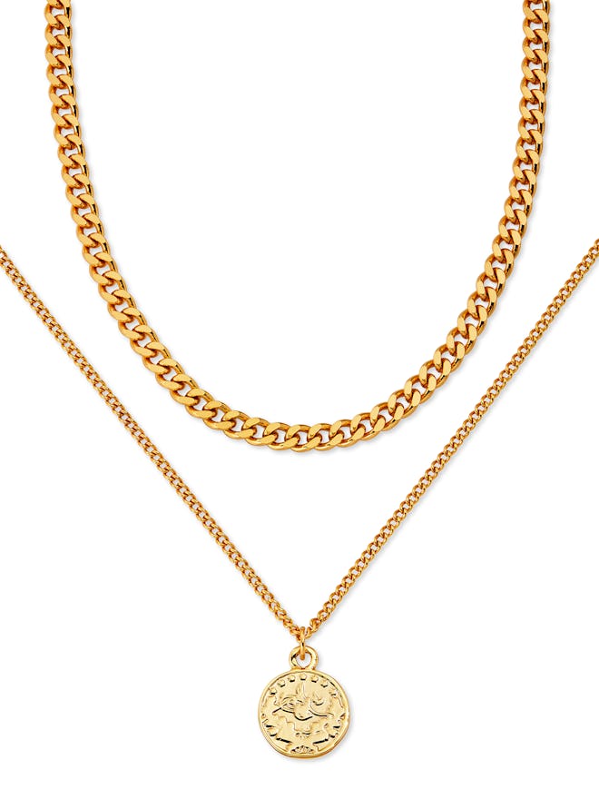 Brass Yellow Gold-Plated Layered Coin Necklace, 16.5" + 3" Extender