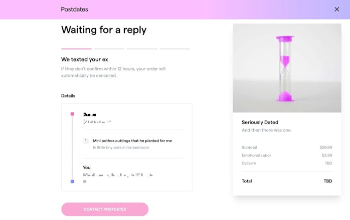 Postdates lets you order a courier to retrieve personal items from an ex-lover's home. 