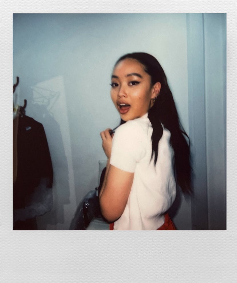 Sarah Griffiths, 20-year-old singer, known as Griff, in a polaroid acting surprised wearing a white ...