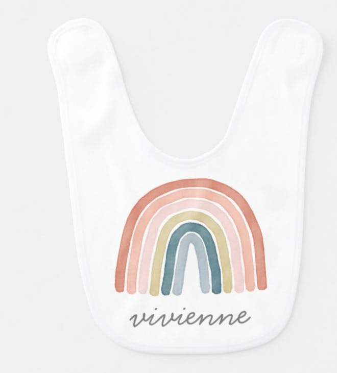 Boho Watercolor Rainbow Name Modern Coral Baby Bib