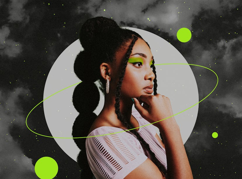 Young woman surrounded by green planets during Chiron retrograde 2021.