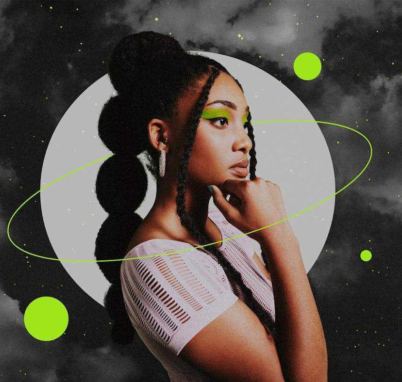 Young woman surrounded by green planets during Chiron retrograde 2021.
