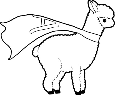a kids coloring page featuring a llama wearing a superhero cape