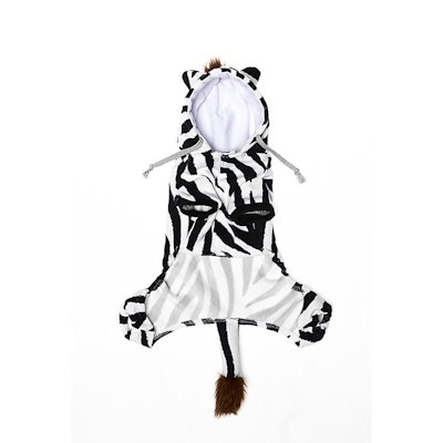 A herd of zebras? No, it's just a matching zebra dog and baby Halloween costume.