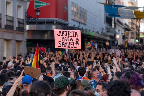 MADRID, SPAIN - 2021/07/05: A placard reading ¨Justice for Samuel¨ is raised during the demonstratio...