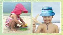 Collage of two babies wearing pink and blue baby hats at a beach