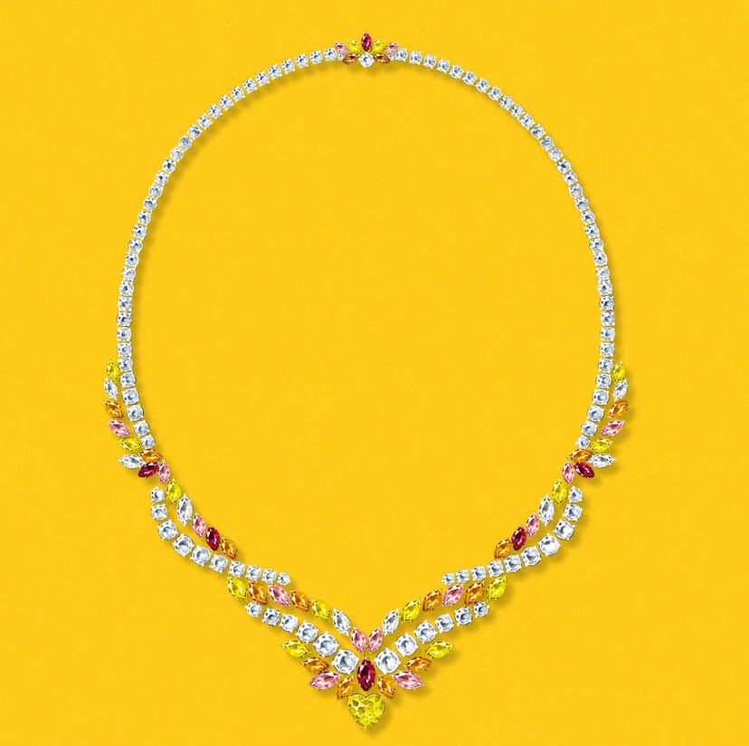 A necklace with transparent, red, yellow and pink diamonds by Harry Winston