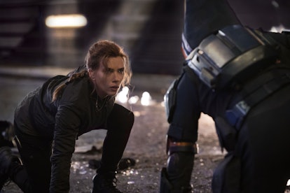 Scarlett Johansson as Natasha Romanoff squaring off against Olga Kurylenko as Taskmaster in 'Black W...