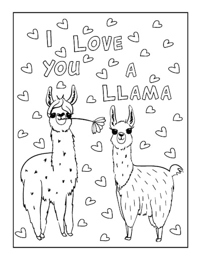 a kids coloring page featuring two llamas surrounded by drawn hearts and the words, I love you a lla...