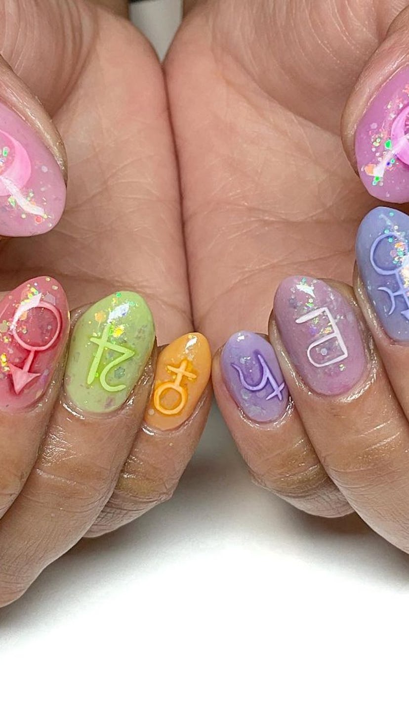 rainbow jelly nails with astrological signs